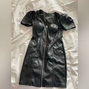 Black Faux Leather Mini Dress- Puff Sleeve